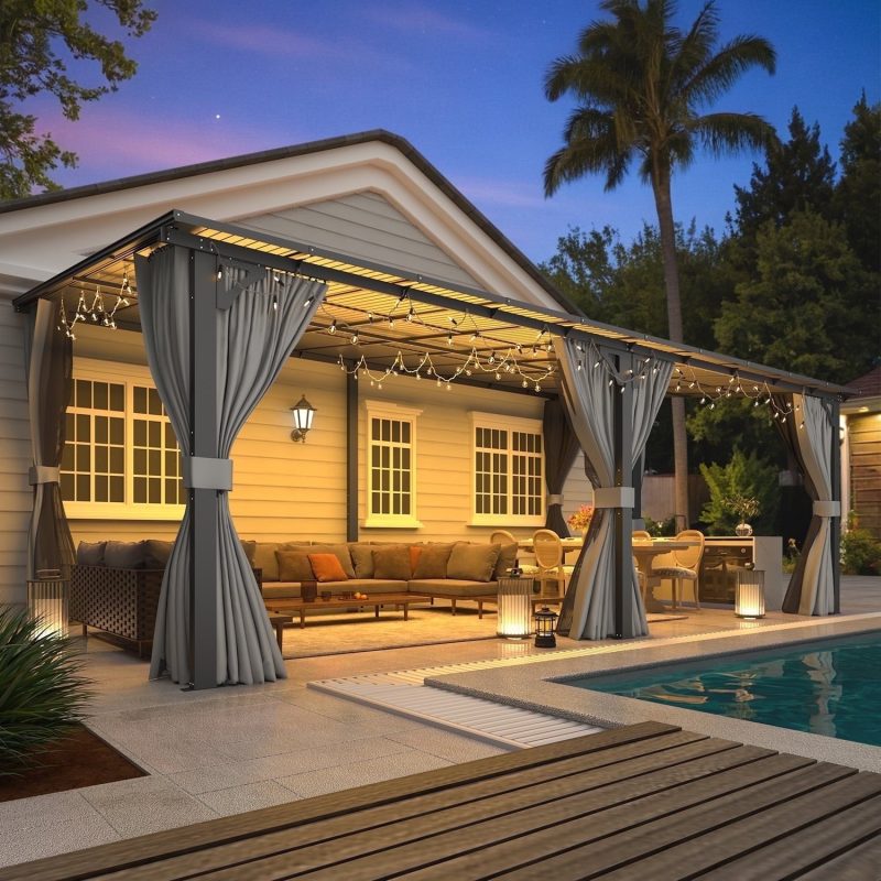 20' x 12' Lean to Gazebo with Netting and Curtain Outdoor Gazebo Aluminum Metal Pergola ​For Garden, Patio, -​Dark ​Gray