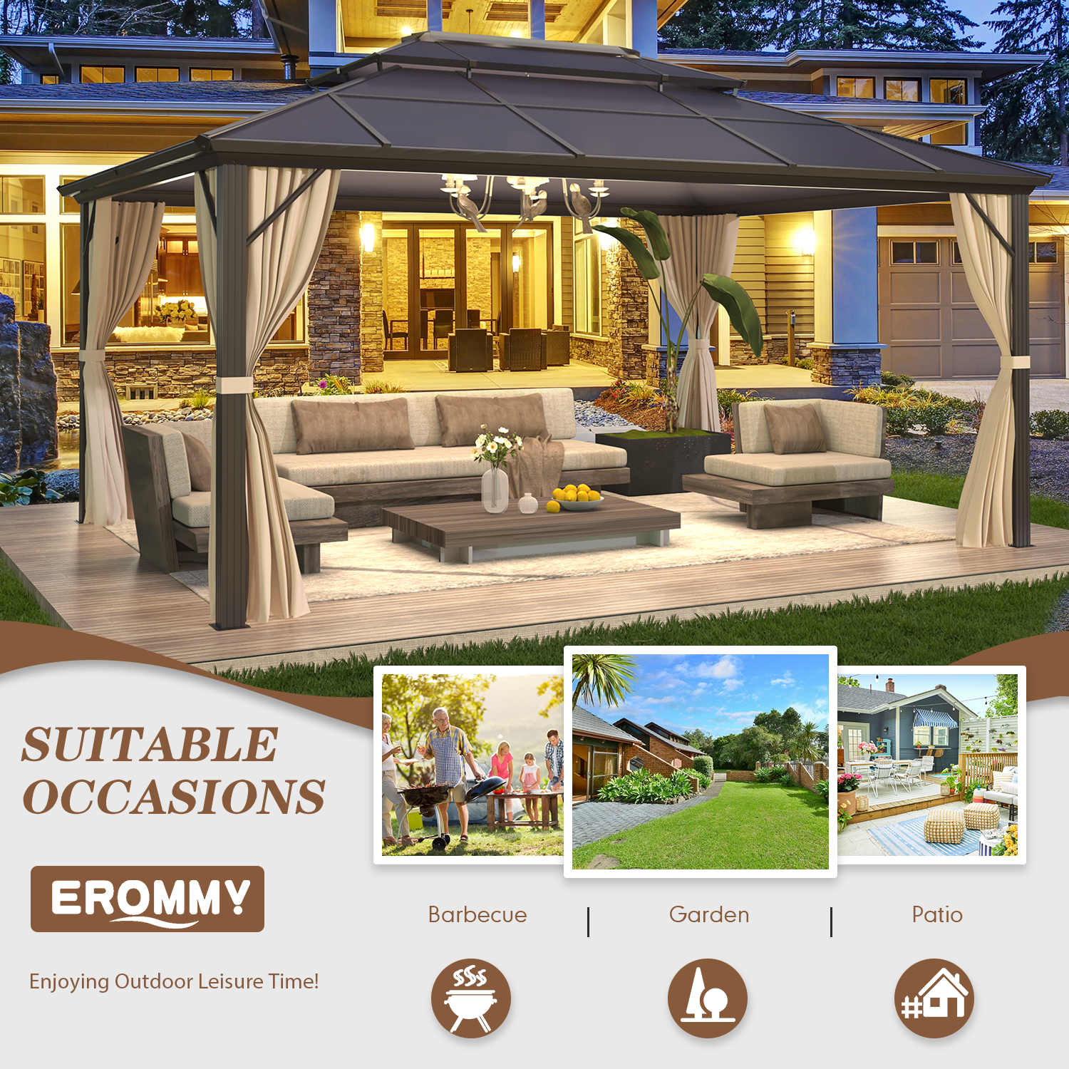 12'x16' Outdoor Polycarbonate Double Roof Gazebo Canopy Curtains Aluminum Frame with Netting for Garden,Patio