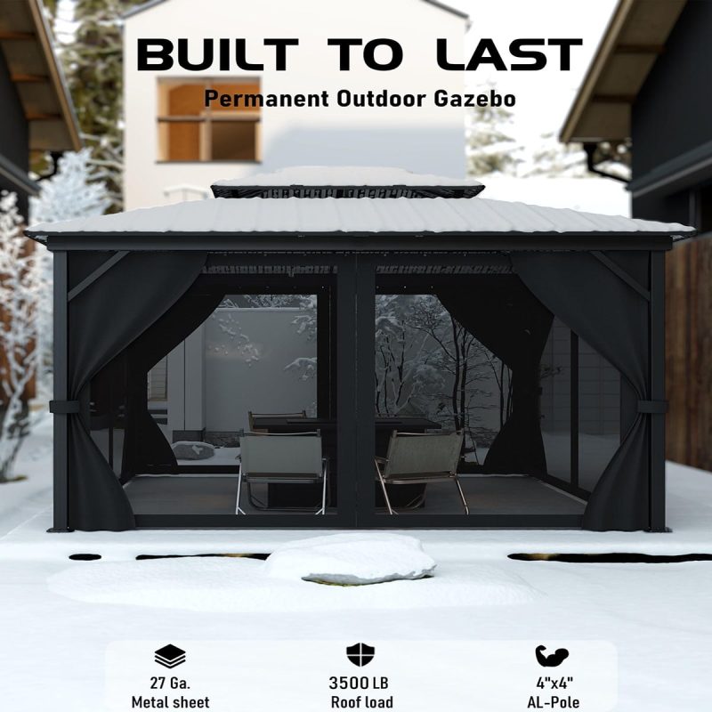 Gazebo 12' x 14', with Galvanized Steel Double Roof Canopy, Permanent Outdoor Metal Pavilion, with Netting and Curtains, for , Pario and Lawn(ship in 5 boxes)