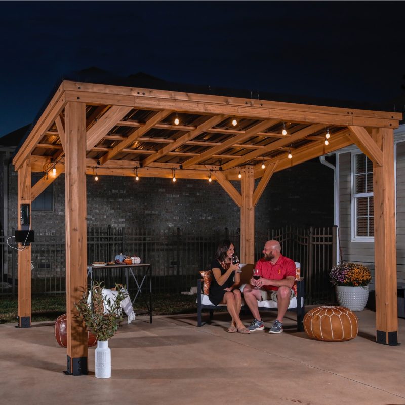 Arcadia 12'x9.5' Cedar Wood Gazebo, Galvanized Steel Roof, PowerPort