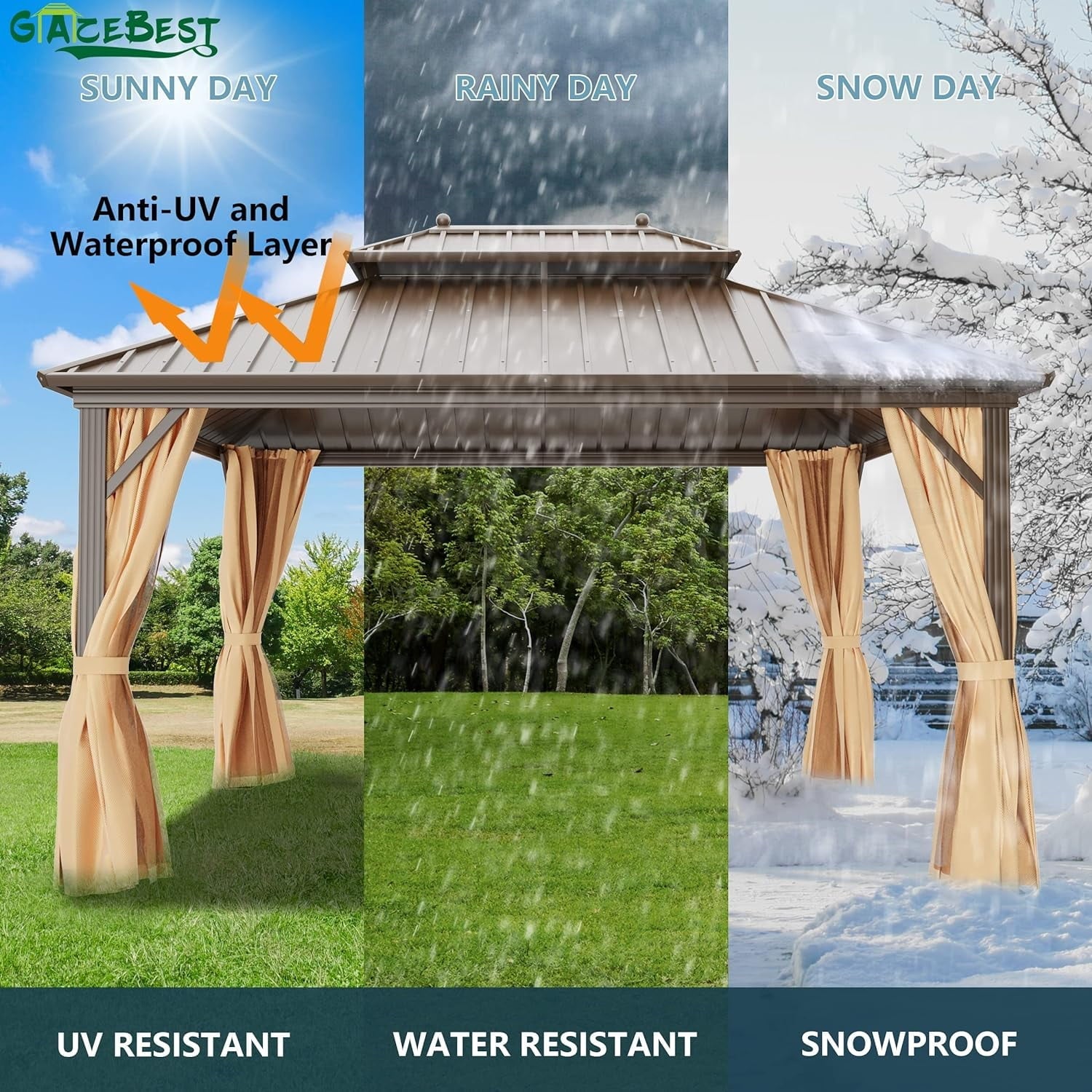 R 12' x 16' Hardtop Gazebo, Brown, Double Roof, Galvanized Steel, Netting & Curtains