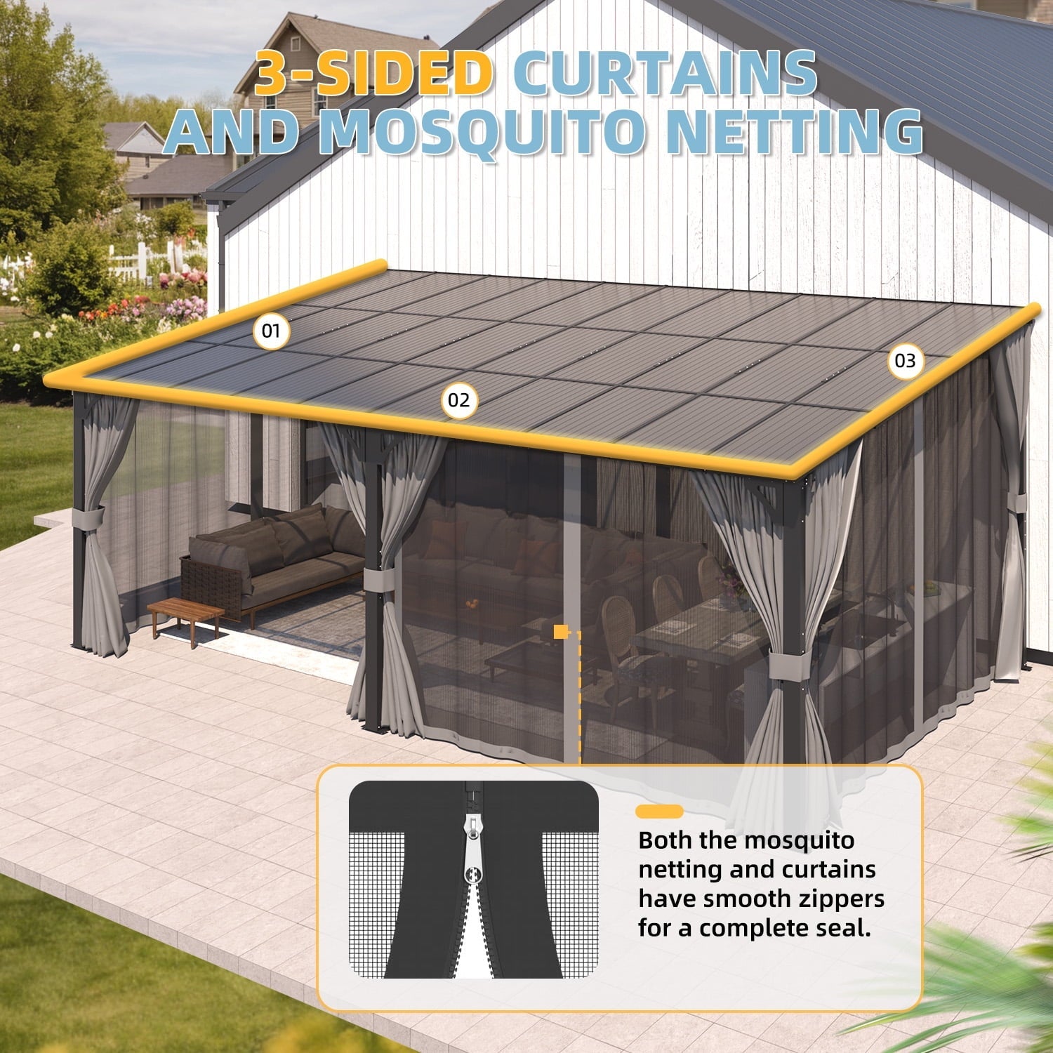 20' x 12' Lean to Gazebo with Netting and Curtain Outdoor Gazebo Aluminum Metal Pergola For Garden, Patio, -Dark Gray