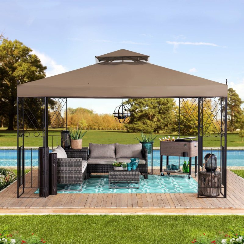 10x12 Steel Frame 2-Tier Soft Top Gazebo with Ceiling Hook