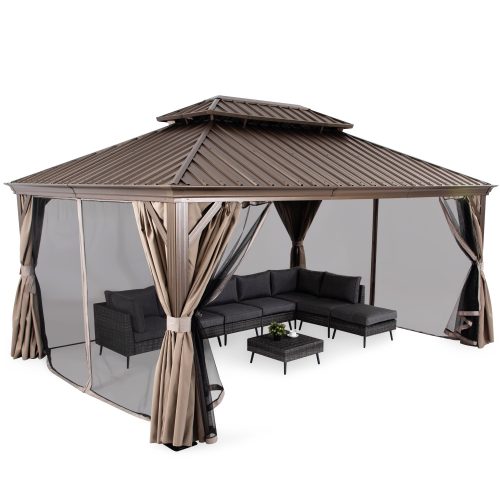 HOME 12' x 16' Hardtop Patio Gazebo, 2-Tier Permanent Aluminum Hardtop with Mosquito Netting and Privacy Curtain, Brown