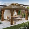 12' x 14'  Outdoor Hardtop Gazebo with Netting & Shaded Curtains, Heavy Duty Double Roof Galvanized Steel Garden Tent for Patio, , Bronze