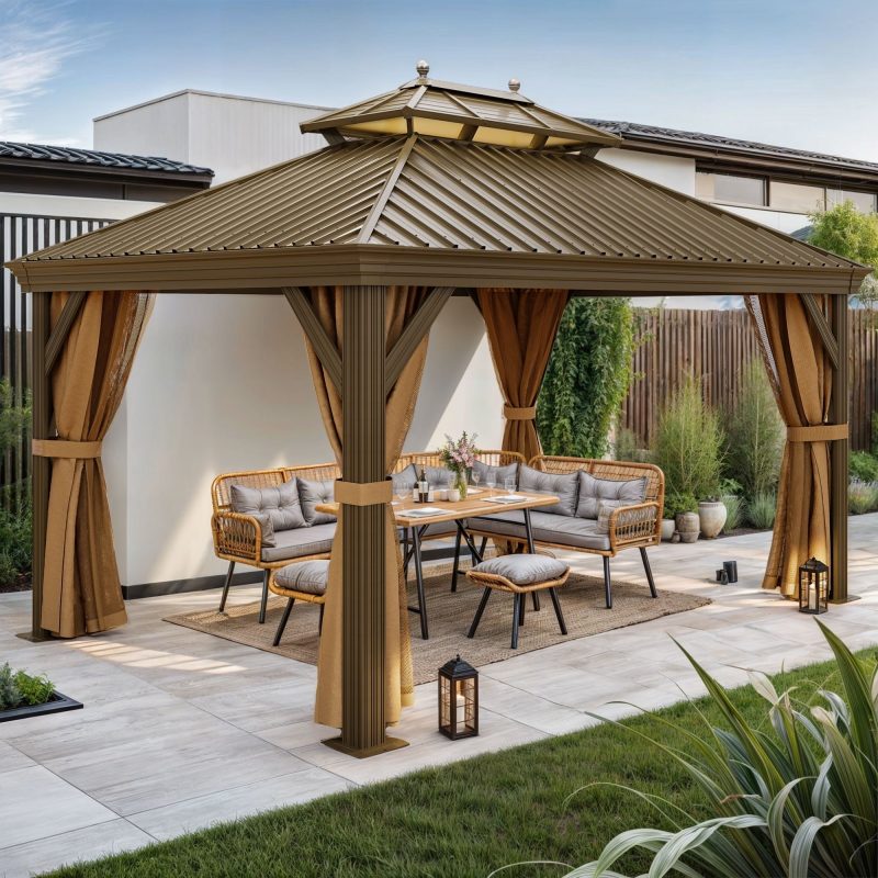 12' x 14'  Outdoor Hardtop Gazebo with Netting & Shaded Curtains, Heavy Duty Double Roof Galvanized Steel Garden Tent for Patio, , Bronze