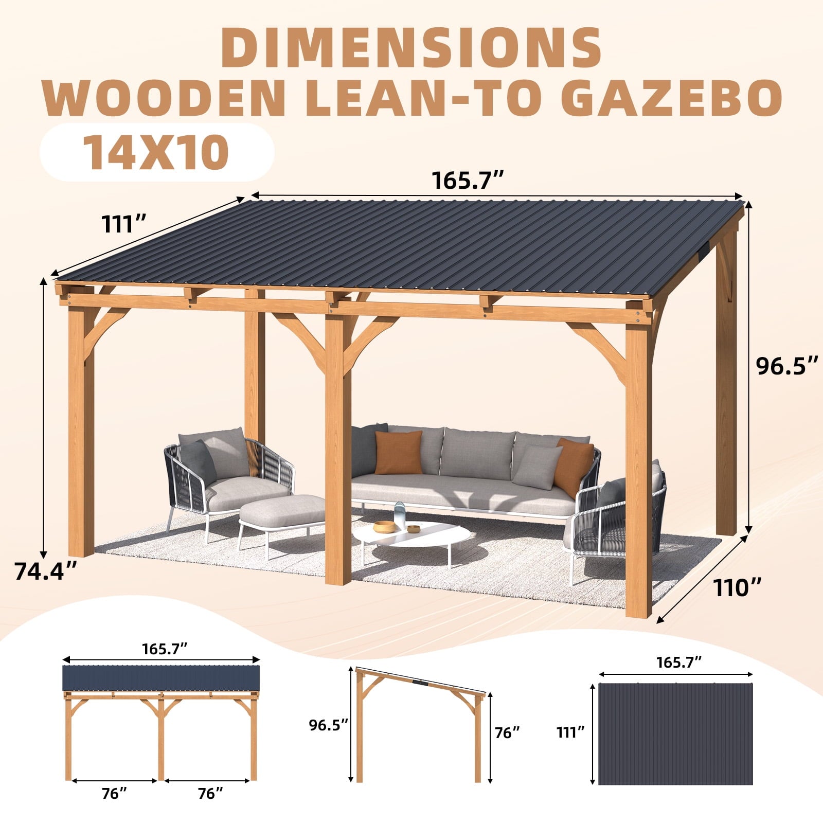 10' x 14' Wood Gazebo, Outdoor Heavy Duty Wooden Pergola on Clearance, Patio Lean to Awnings