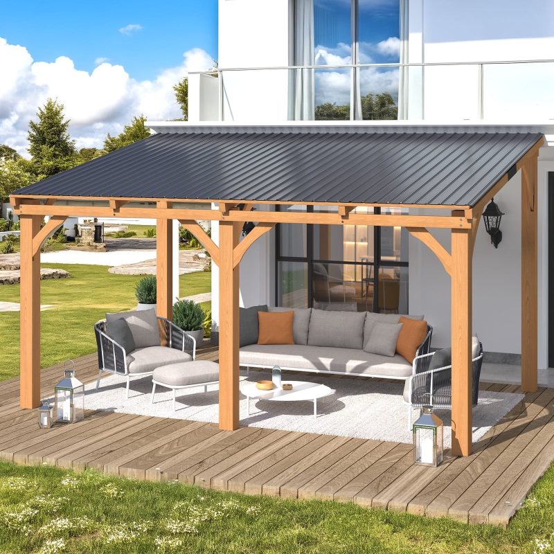 10' x 14' Wood Gazebo, Outdoor Heavy Duty Wooden Pergola on Clearance, Patio Lean to Awnings