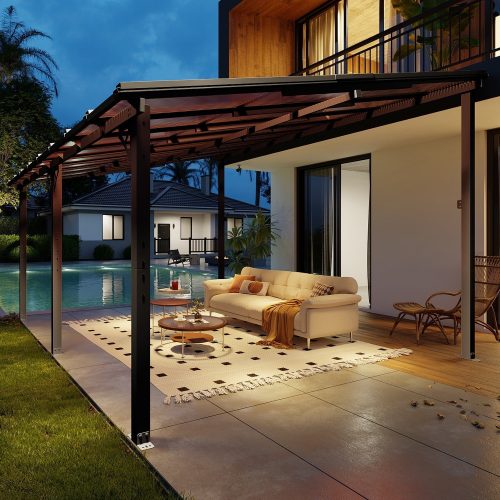 12'x16' Gazebo for Patio, Gazebo Pergola with Sloped Roof, Large Wall-Mounted Heavy Duty Awnings, for Patio, Deck and 
