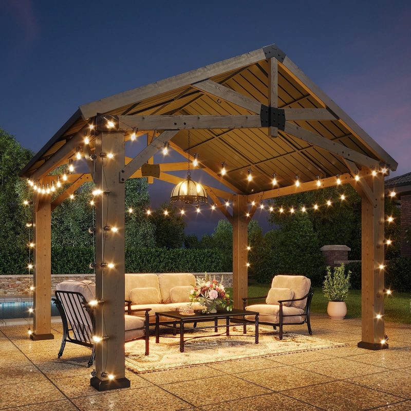 10' x 12' Outdoor Wood Gazebo, Hardtop Gazebo Permanent Wooden Pavilion with Galvanized Steel Gable Roof, for Patio, Garden, Deck, Cedar Wood