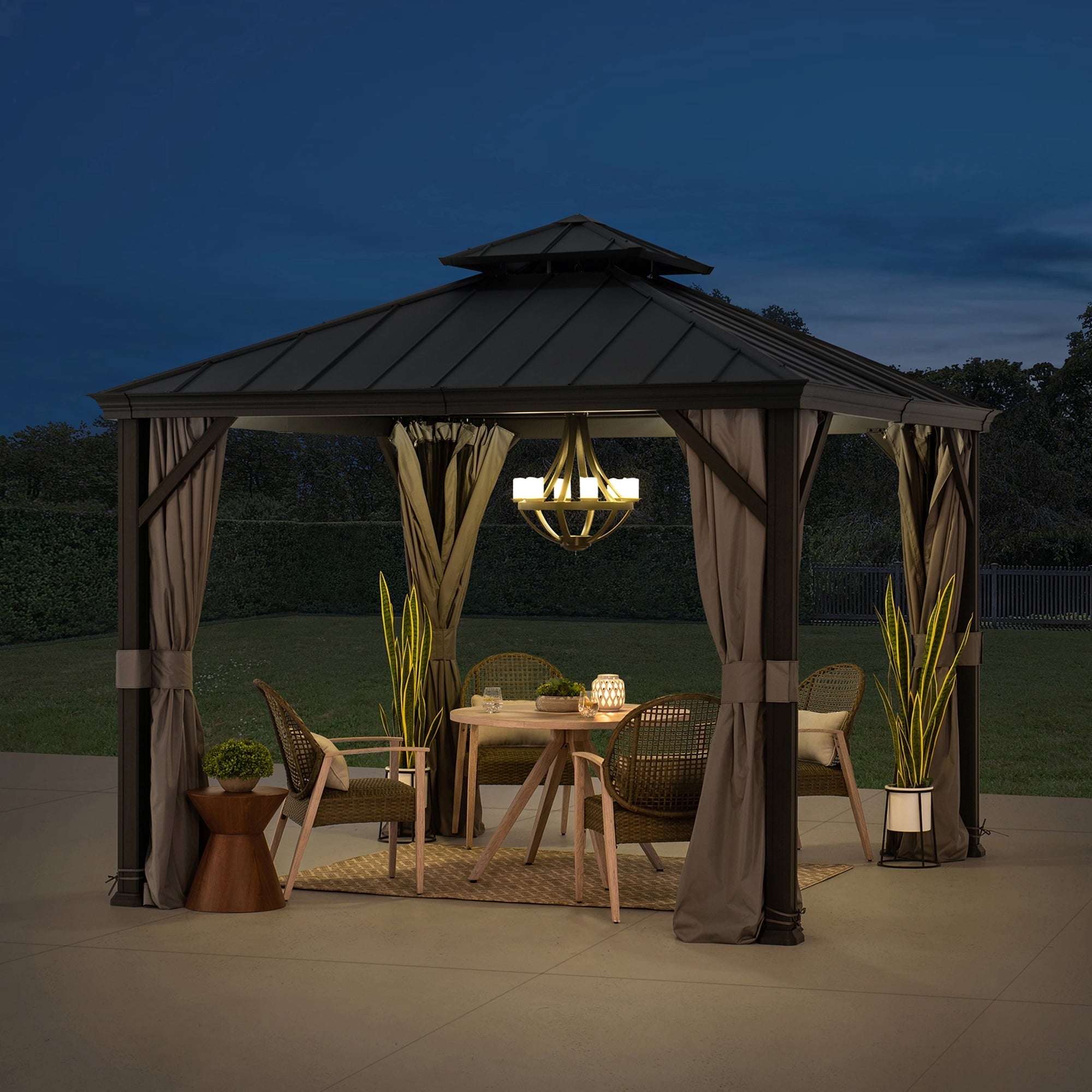 10 ft. x 10 ft. Gazebo, Outdoor Patio Aluminum Frame Gazebo with 2-Tier Steel Backyard Gazebo with Netting, Curtain, and Ceiling Hook