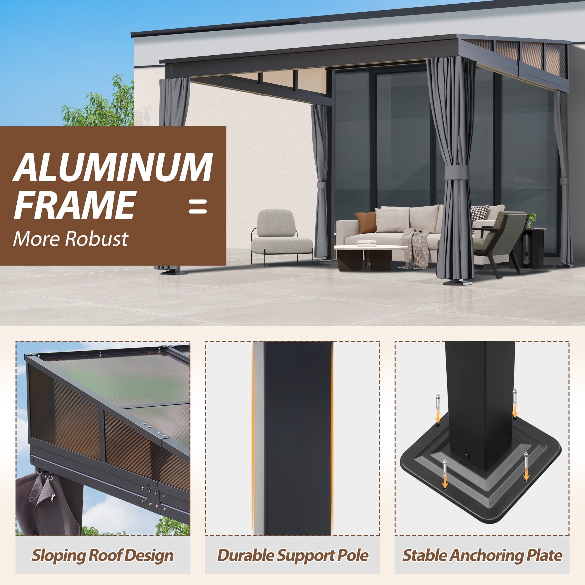 10'x 10' Wall Mounted Gazebo, Lean to Gazebo with Aluminum Frame, Polycarbonate Hardtop Gazebos Pergola with Sloping Roof for Outdoor, , Patio