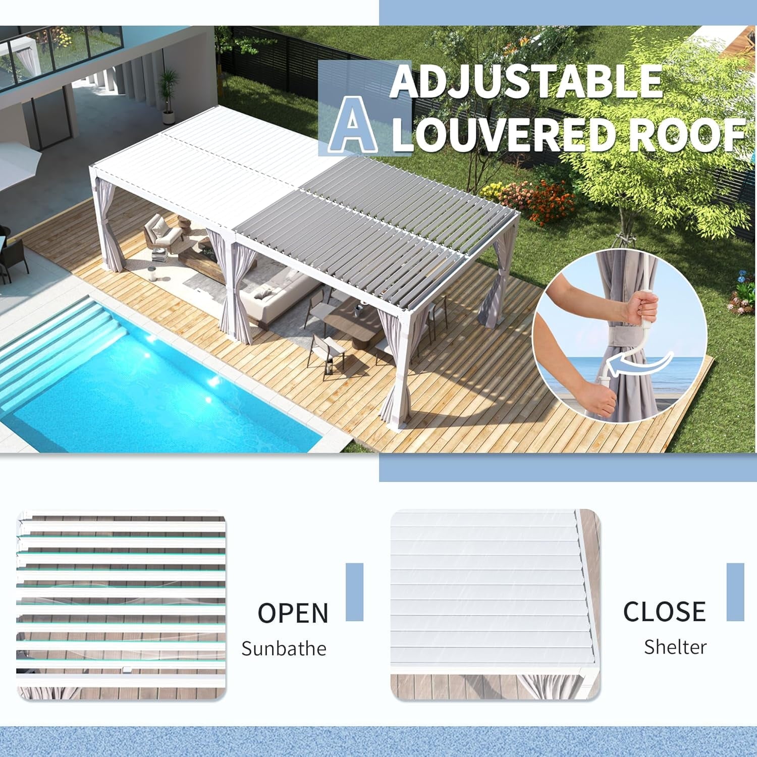 Louvered Pergola 12x20, All Aluminum Pergola with Adjustable Rainproof Roof,White