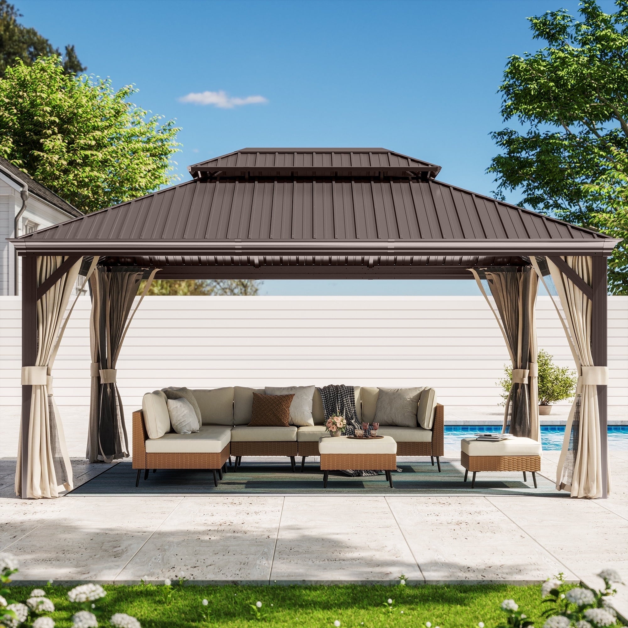 HOME 12' x 16' Hardtop Patio Gazebo, 2-Tier Permanent Aluminum Hardtop with Mosquito Netting and Privacy Curtain, Brown