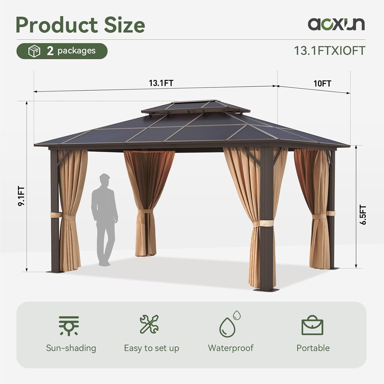 10'x13' Hardtop Gazebo, Aluminum Frame Permanent Pavilion with Curtains and Netting, Outdoor Polycarbonate Gazebo, Double Roof Canopy, for Gardens, Patios, Lawns