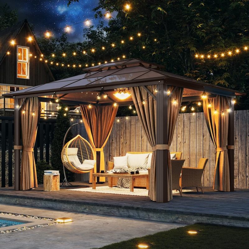 10'x13' Hardtop Gazebo, Aluminum Frame Permanent Pavilion with Curtains and Netting, Outdoor Polycarbonate Gazebo, Double Roof Canopy, for Gardens, Patios, Lawns