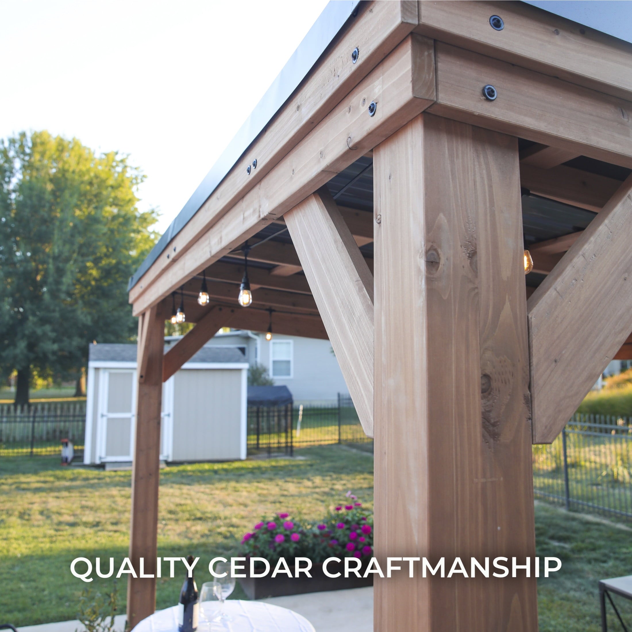 Arcadia 12'x9.5' Cedar Wood Gazebo, Galvanized Steel Roof, PowerPort