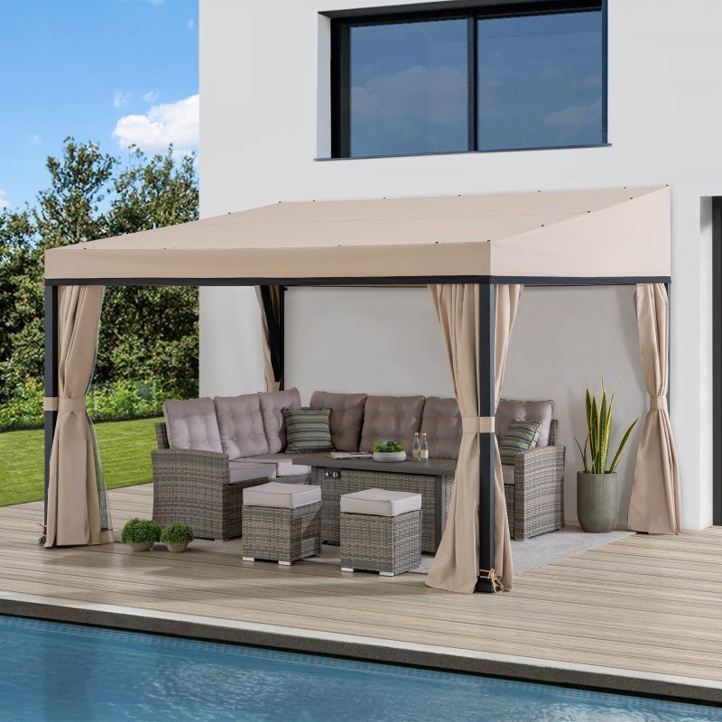 10x12 Fabric Roof Wall Mounted Gazebo, Lean to Gazebo with Curtain and Netting