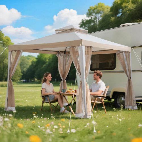 10x10 Soft Top Gazebo with Mosquito Netting - Gray & Khaki