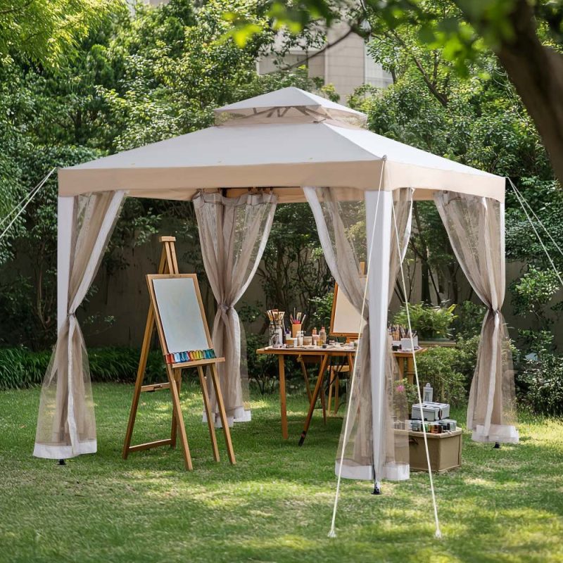 8x8 Soft Top Gazebo with Mosquito Netting - Gray & Khaki