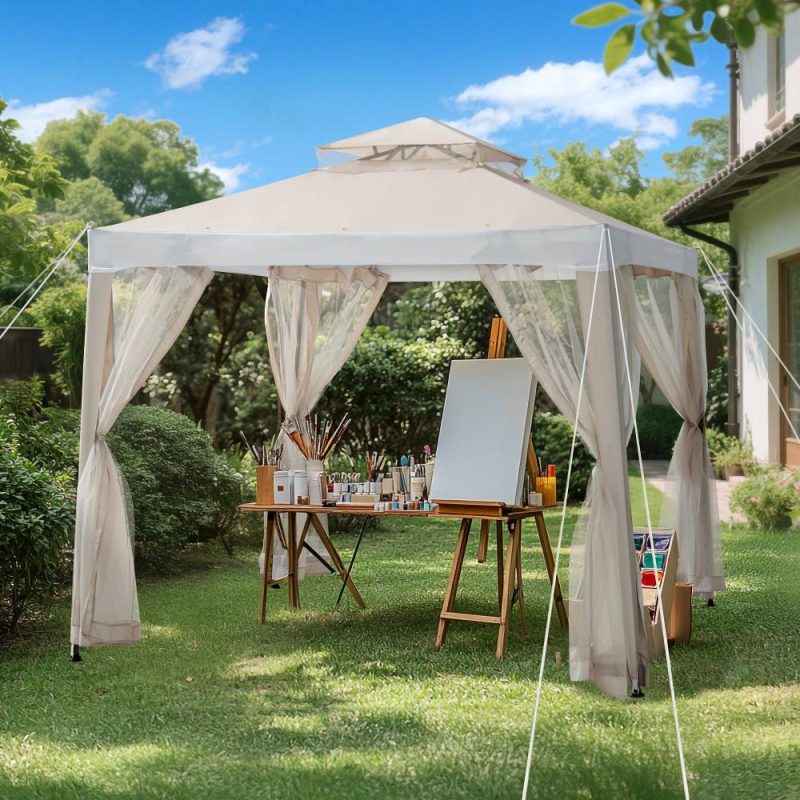 8x8 Soft Top Gazebo with Mosquito Netting - Beige & White