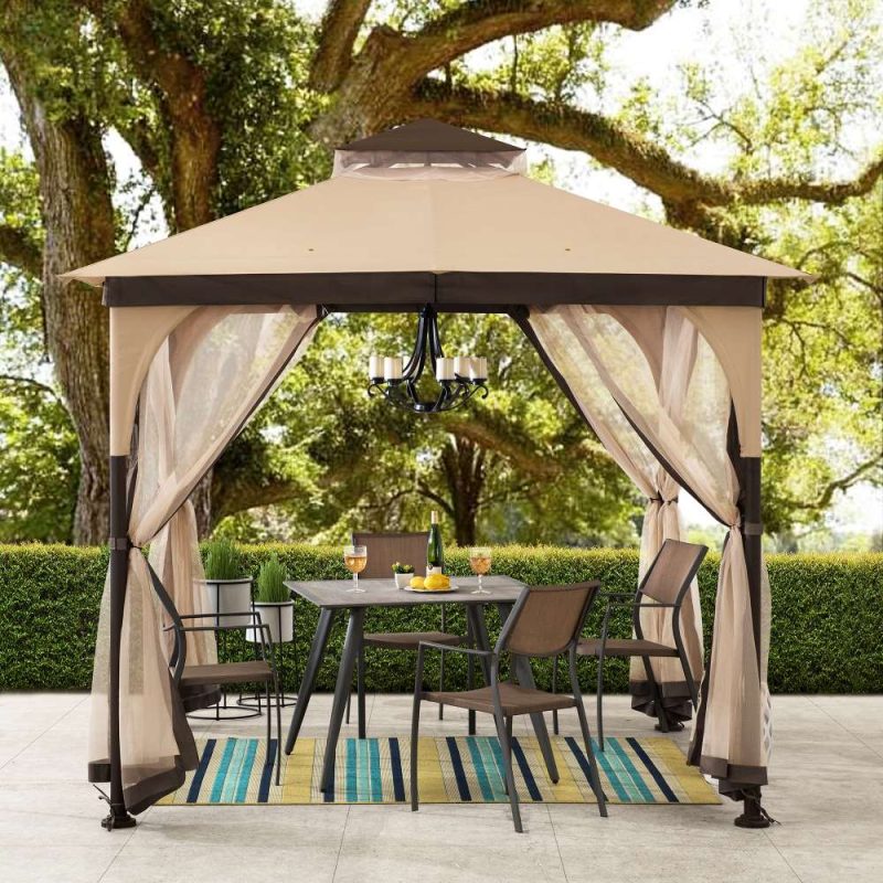 9x9 Soft Top Garden Gazebo with Mosquito Netting – Beige & Brown