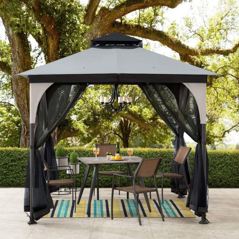 9x9 Soft Top Garden Gazebo with Mosquito Netting–Light Gray & Black