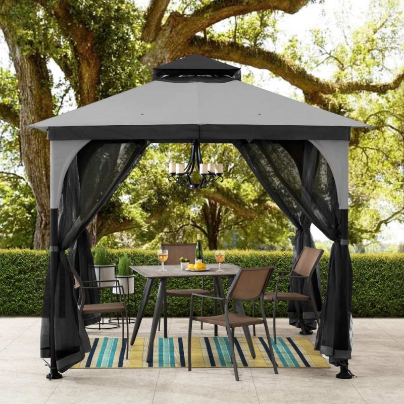 9x9 Soft Top Garden Gazebo with Mosquito Netting – Gray & Black