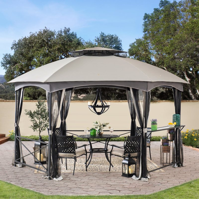 15x15 Hexagon Soft Top Gazebo with Netting and Bar Shelf