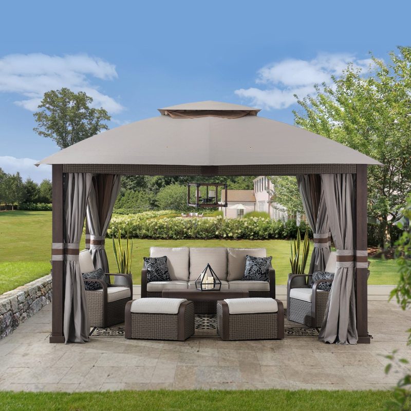 Outdoor Patio Steel Frame 11x13 Gazebo 2-Tier Soft Top Gazebo with Netting and Curtains - Light Gray