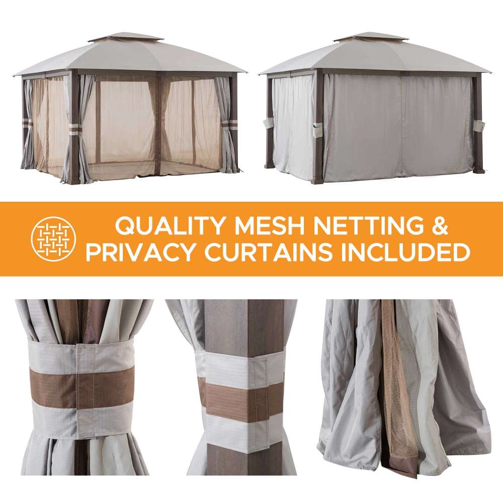 Outdoor Patio Steel Frame 11x13 Gazebo 2-Tier Soft Top Gazebo with Netting and Curtains - Light Gray
