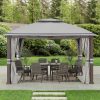 Outdoor Patio Steel Frame 11x13 Gazebo 2-Tier Soft Top Gazebo with Netting and Curtains - Gray