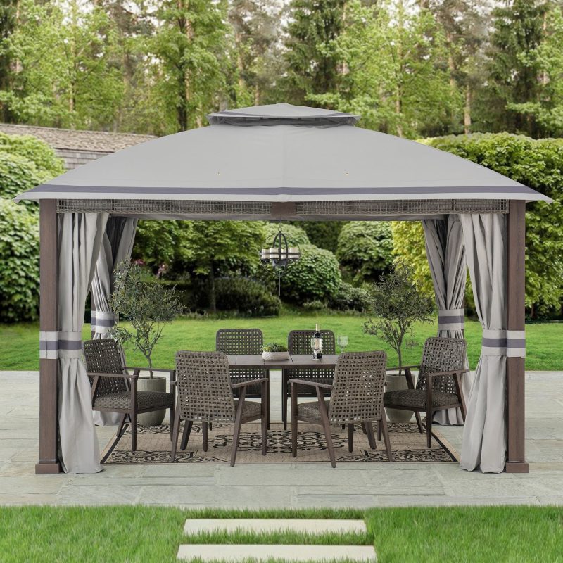 Outdoor Patio Steel Frame 11x13 Gazebo 2-Tier Soft Top Gazebo with Netting and Curtains - Gray
