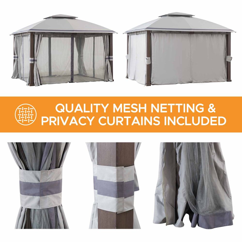 Outdoor Patio Steel Frame 11x13 Gazebo 2-Tier Soft Top Gazebo with Netting and Curtains - Gray