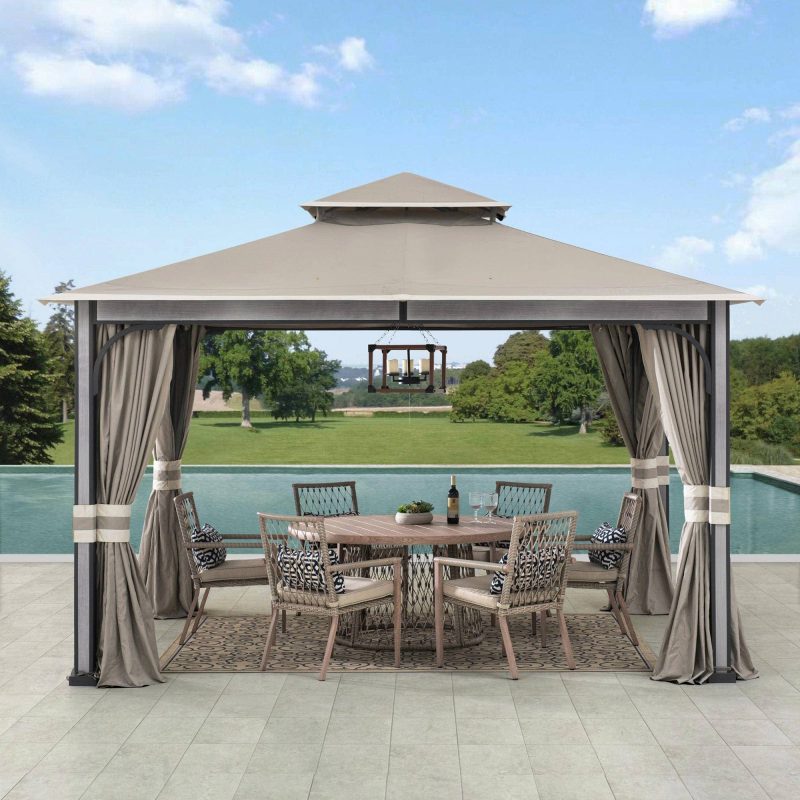 11x13 Soft Top Gazebo with Netting & Curtains, Patio Gazebo with 2-Tier Roof and Ceiling Hook - Light Gray