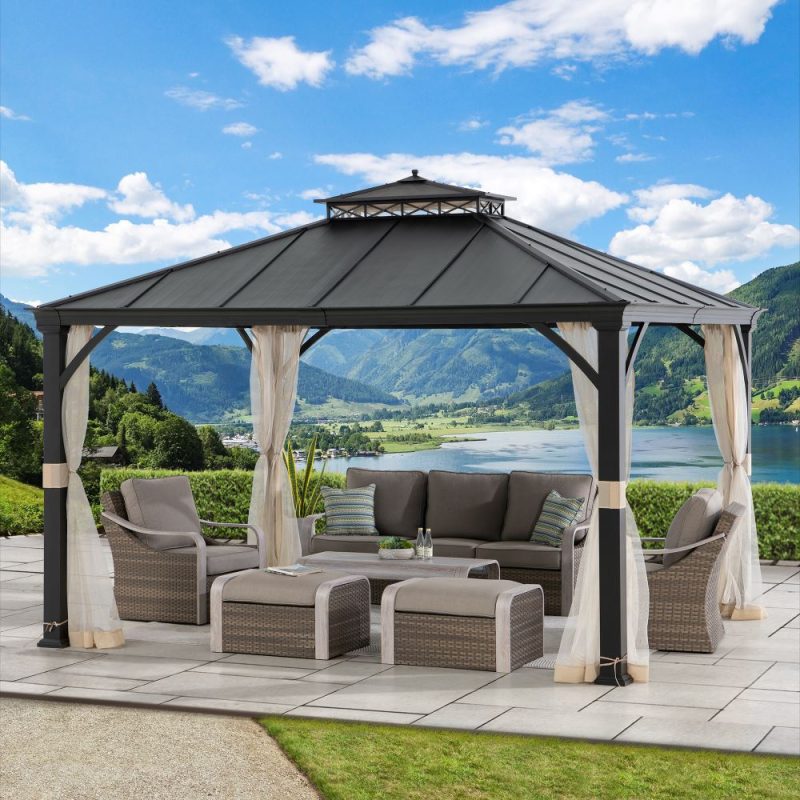 10x12 Steel Gazebo with 2-Tier Metal Roof and Netting
