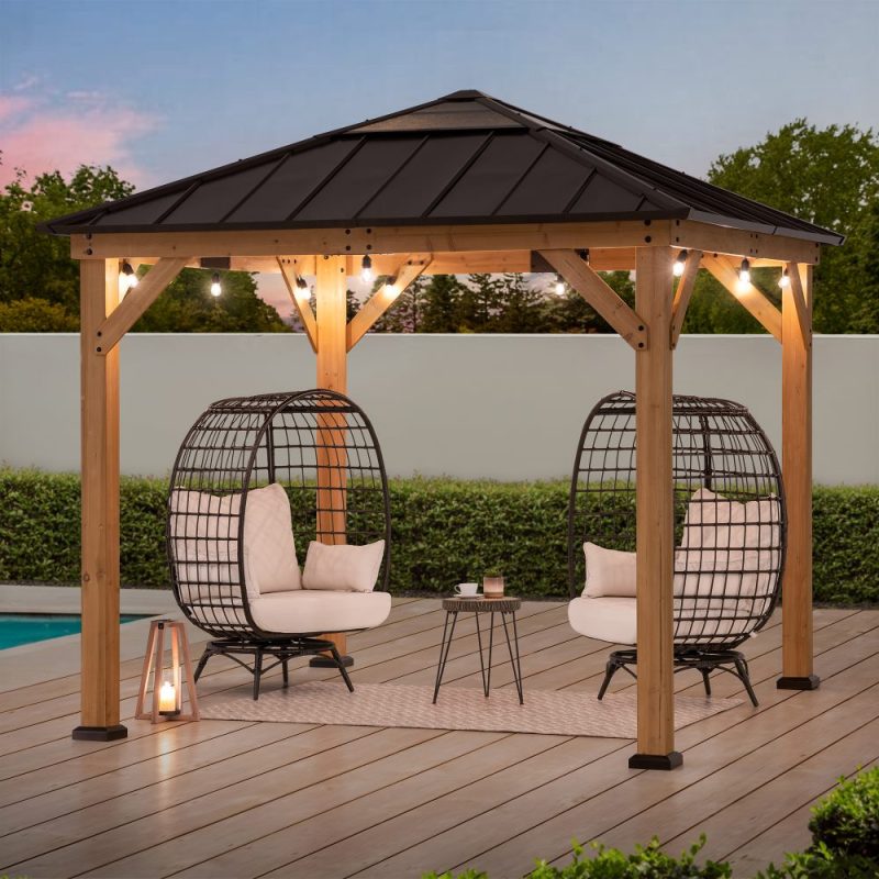 9x9 Cedar Gazebo with Brown Metal Roof and Ceiling Hook