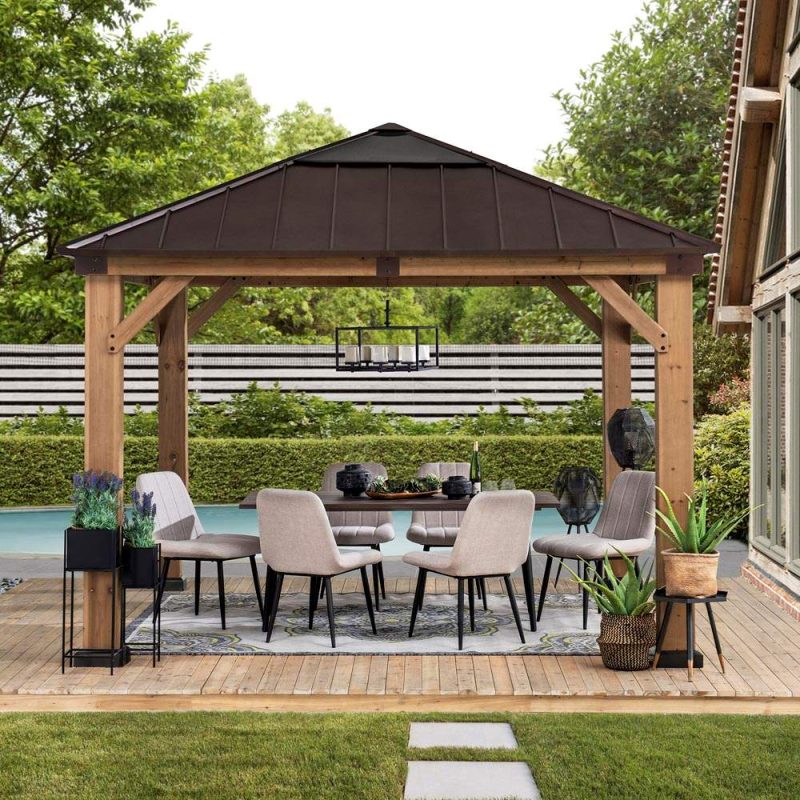 11x11 Small Outdoor Wooden Gazebo with Metal Roof and Skylight