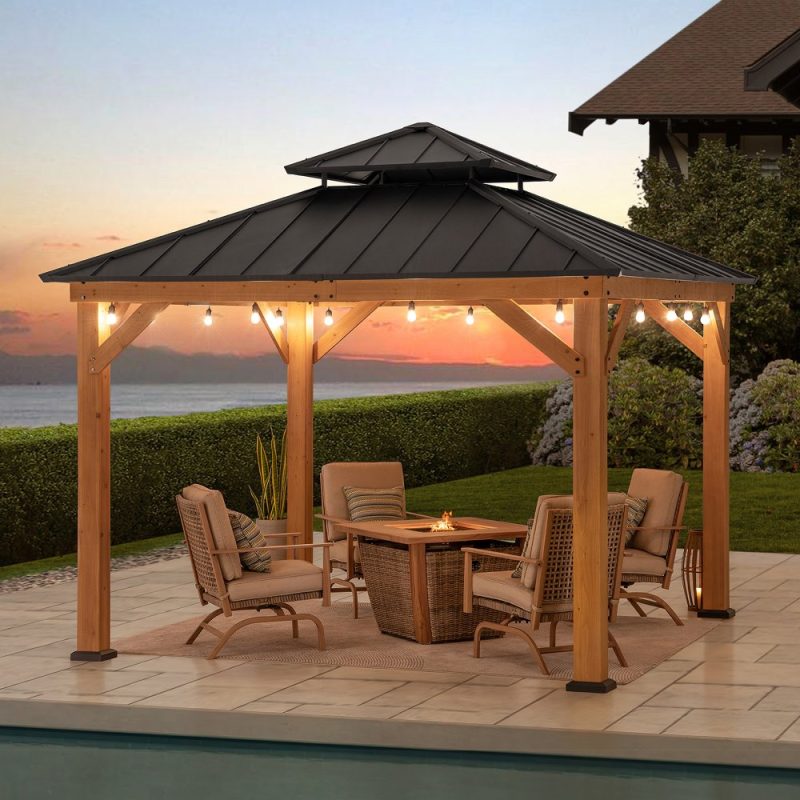 11x11 Wooden Frame Backyard Hardtop Gazebo with Ceiling Hook - Upgrade Natural Cedar