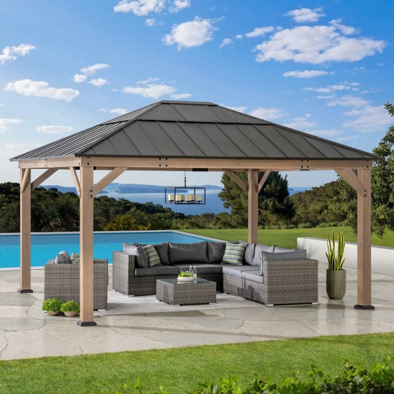 13x15 Wooden Gazebo with Translucent Skylight and Ceiling Hook - Weathered Cedar