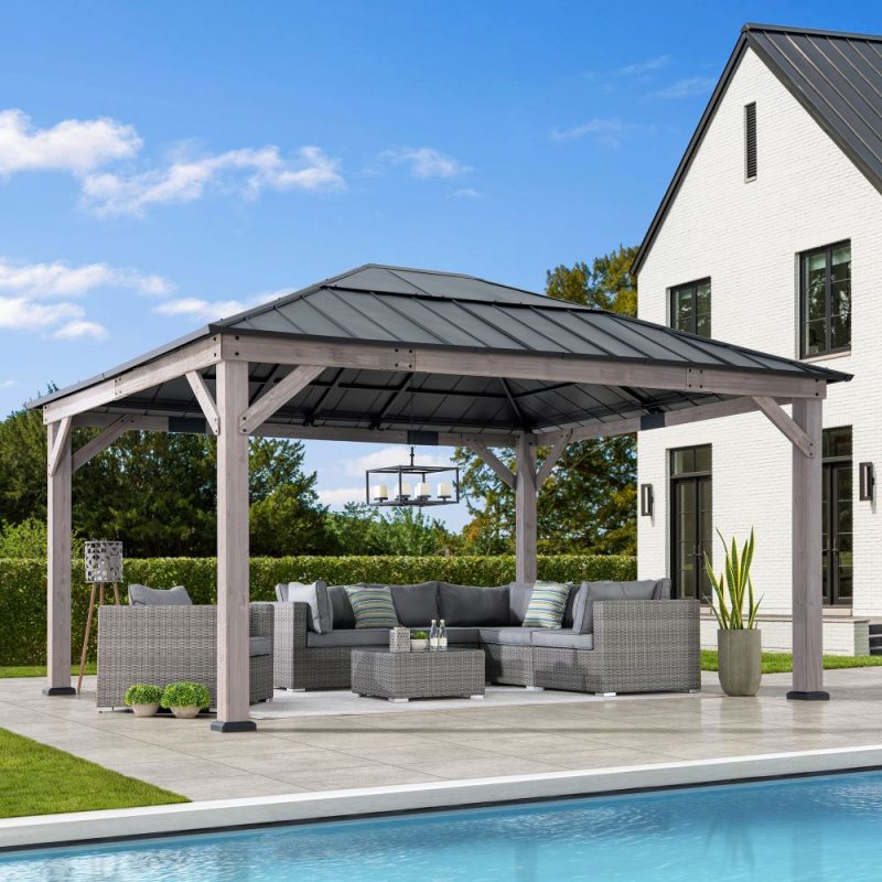 13x15 Wooden Gazebo with Translucent Skylight and Ceiling Hook - Driftwood Cedar