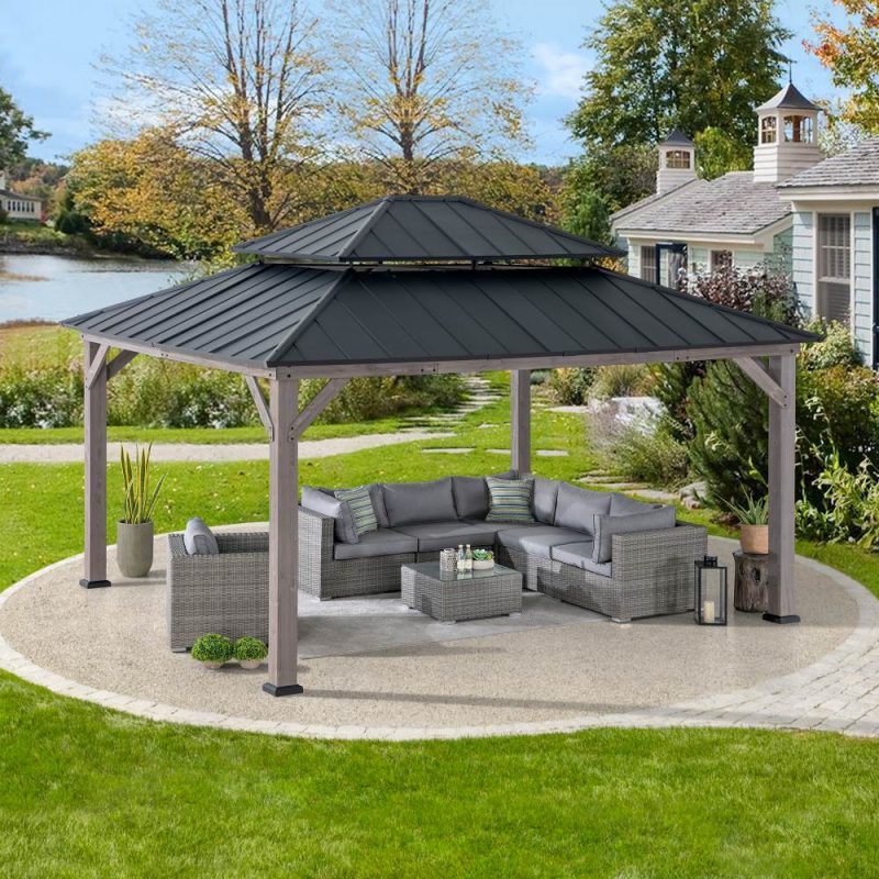 13x15 Wooden Backyard Gazebo with Ceiling Hook - Driftwood Cedar