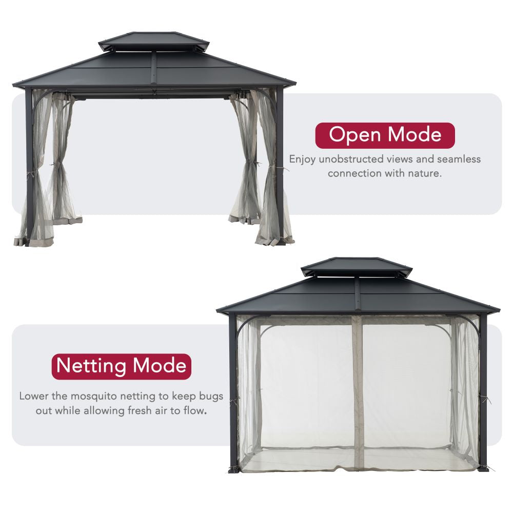 10x12 Metal Hardtop Gazebo with Netting and Ceiling Hook -Black