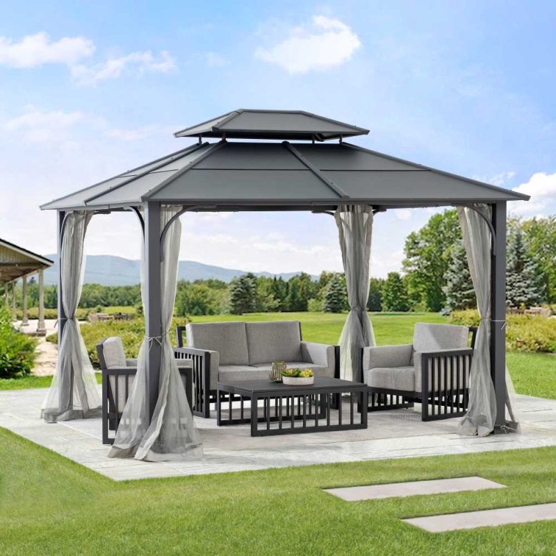 10x12 Metal Hardtop Gazebo with Netting and Ceiling Hook -Black