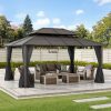 12x16 Hard Top Gazebo with Steel Roof, Ceiling Hook, and Netting - Brown