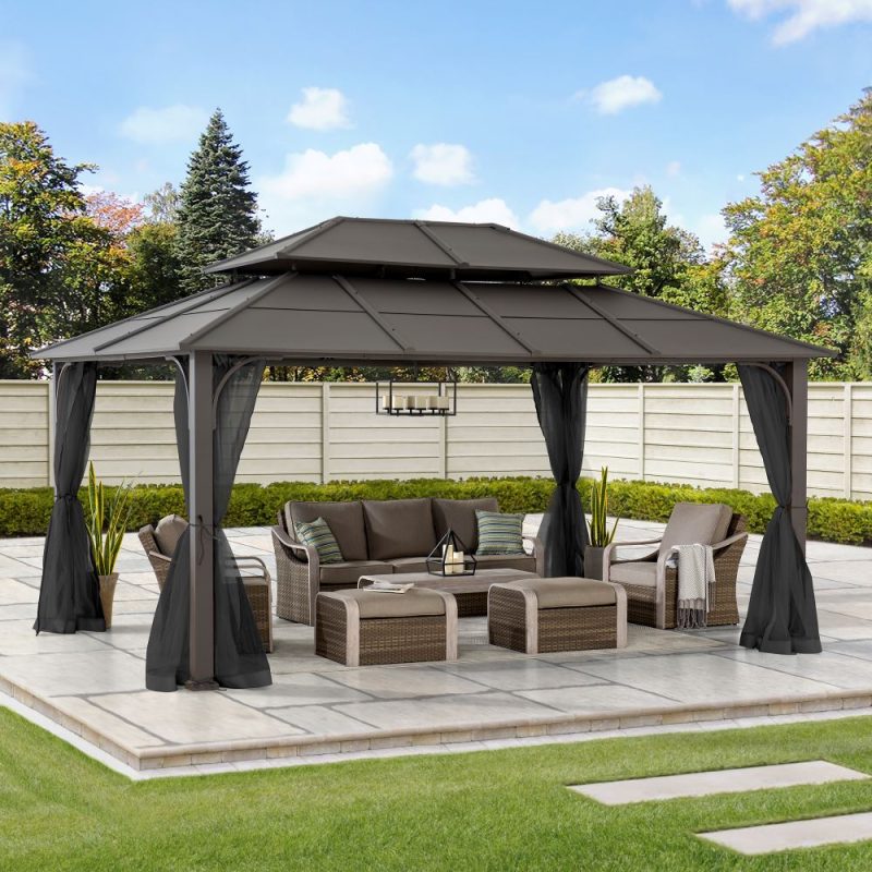 12x16 Hard Top Gazebo with Steel Roof, Ceiling Hook, and Netting - Brown