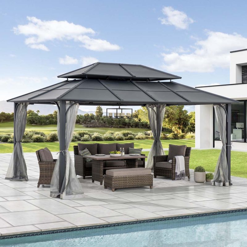 12x16 Hard Top Gazebo with Steel Roof, Ceiling Hook, and Netting - Black