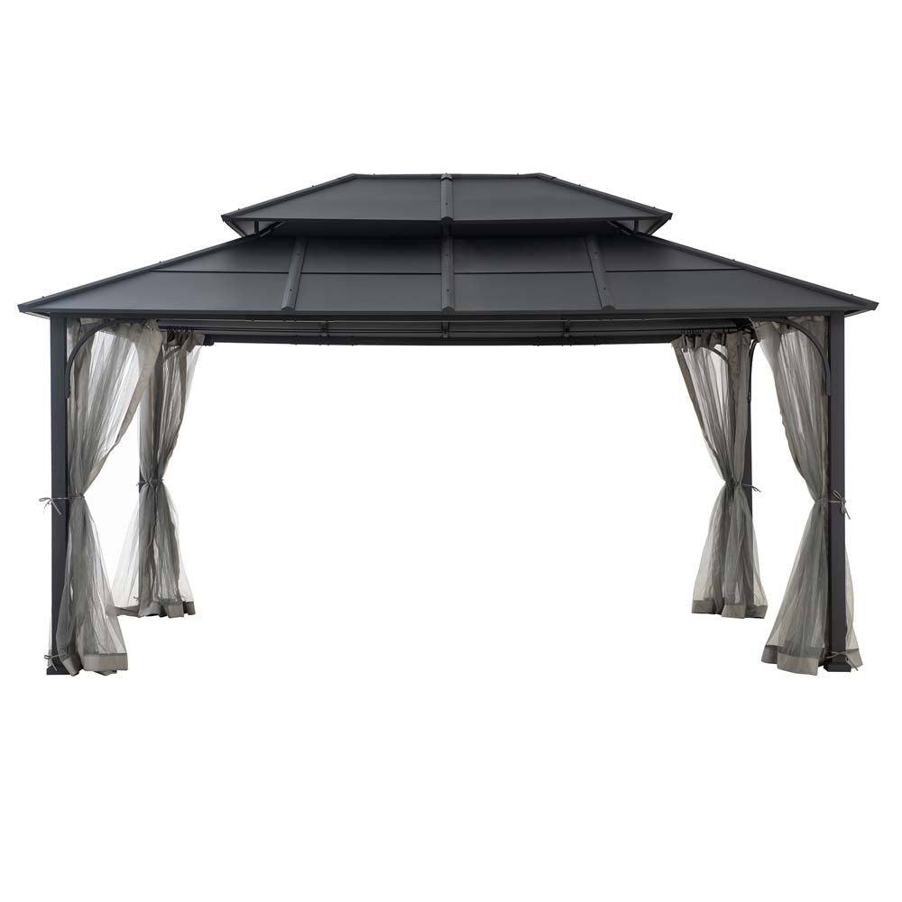 12x16 Hard Top Gazebo with Steel Roof, Ceiling Hook, and Netting - Black