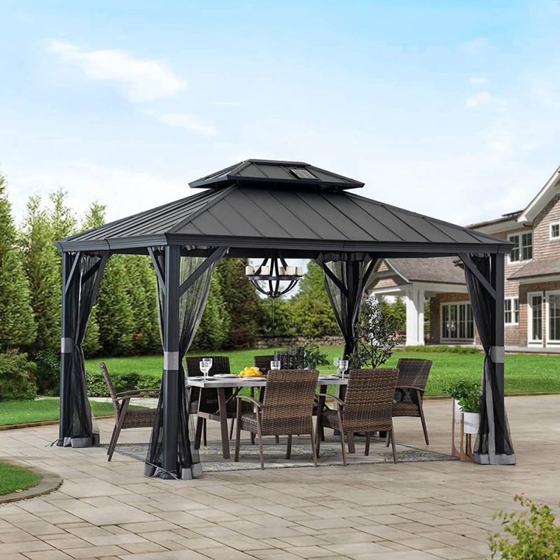 10x12 Hardtop Gazebo with Solar Panel and Netting