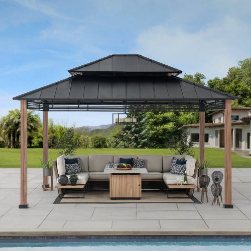 13x15 Hardtop Gazebo Outdoor Patio Black Steel Frame Gazebo with 2-Tier Steel Roof